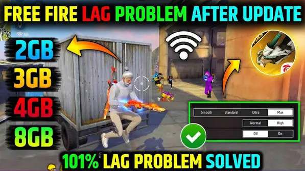 Free Fire gameplay showing lag reduction tips for Android devices with 2GB, 3GB, 4GB, and 8GB RAM.