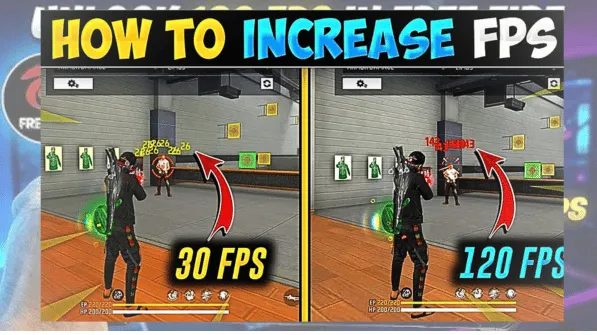 Comparison showing 30 FPS vs 120 FPS in Free Fire to demonstrate smoother gameplay and improved performance.