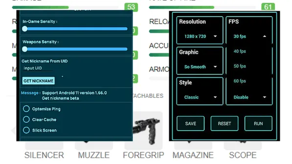 Comparison of TruxenonFF and alternative Free Fire optimization tools showing graphics, FPS, and sensitivity settings on Android.