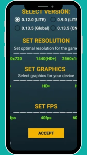TruxenonFF interface showing graphics, resolution, and FPS settings for optimizing Free Fire performance on Android devices.